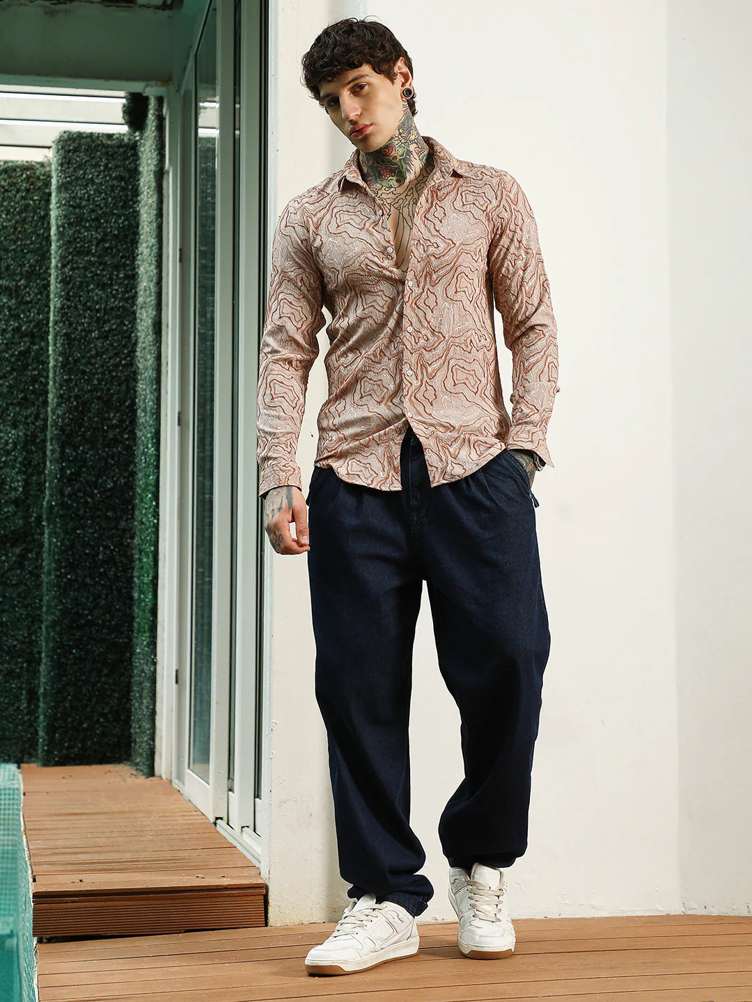 Slim Fit Beige Abstract Pattern Full Sleeve Shirt - Image 5