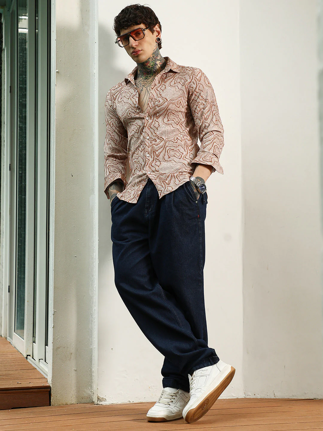 Slim Fit Beige Abstract Pattern Full Sleeve Shirt - Image 6