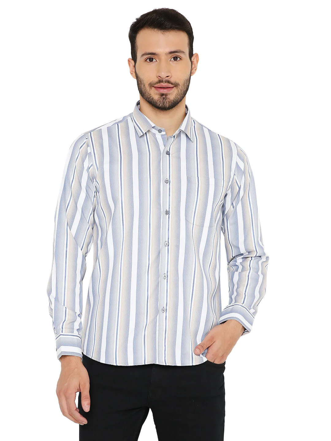 Slim Fit Blue and Grey Striped Shirt - Image 13
