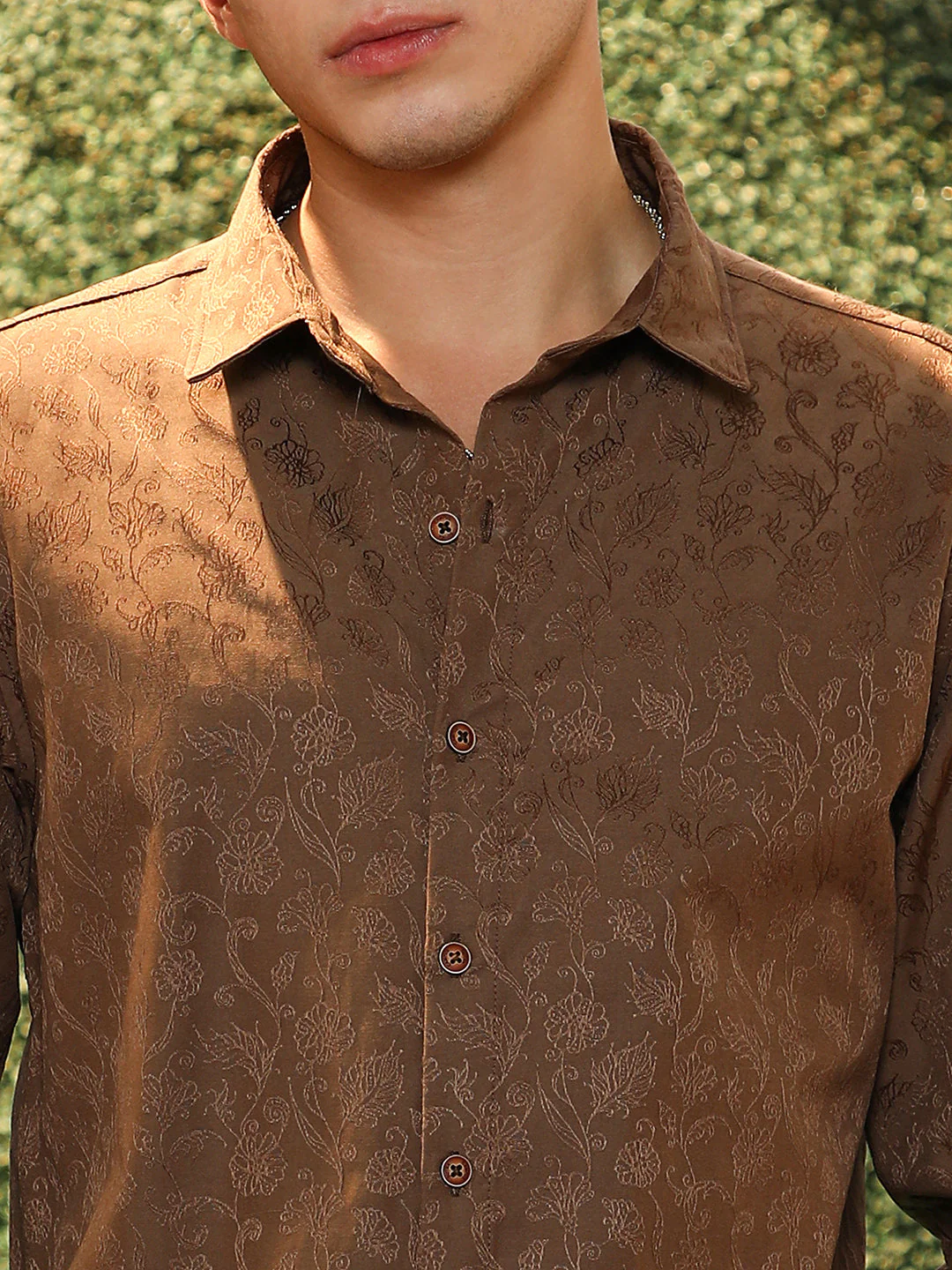 Slim Fit Brown Floral Jacquard Shirt - Image 14