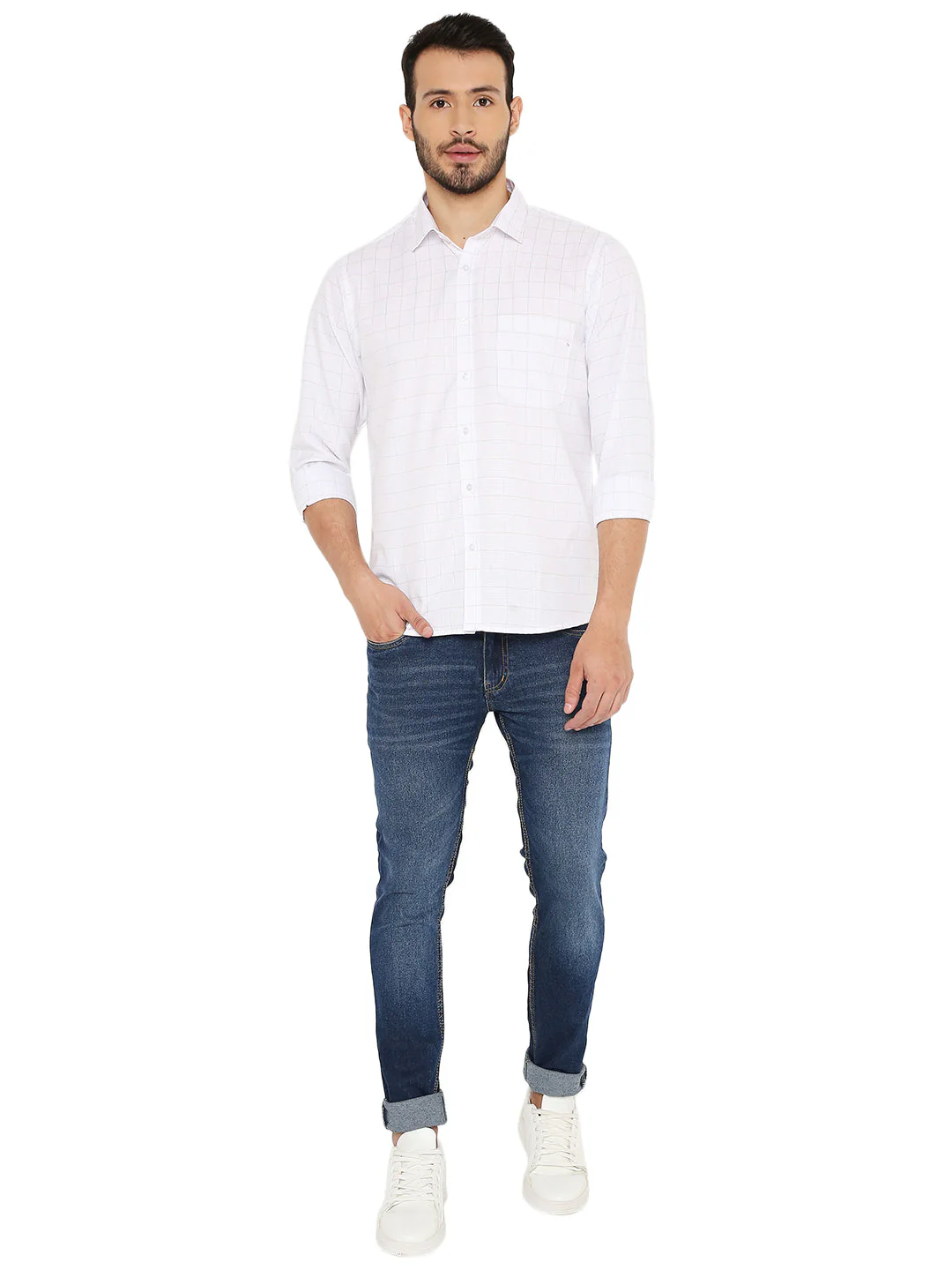 Slim Fit Checkered White Shirt - Image 5