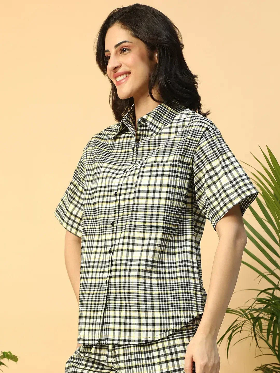 Smooth Black Check Print Short Sleeve Collared Women Shirt - Image 3
