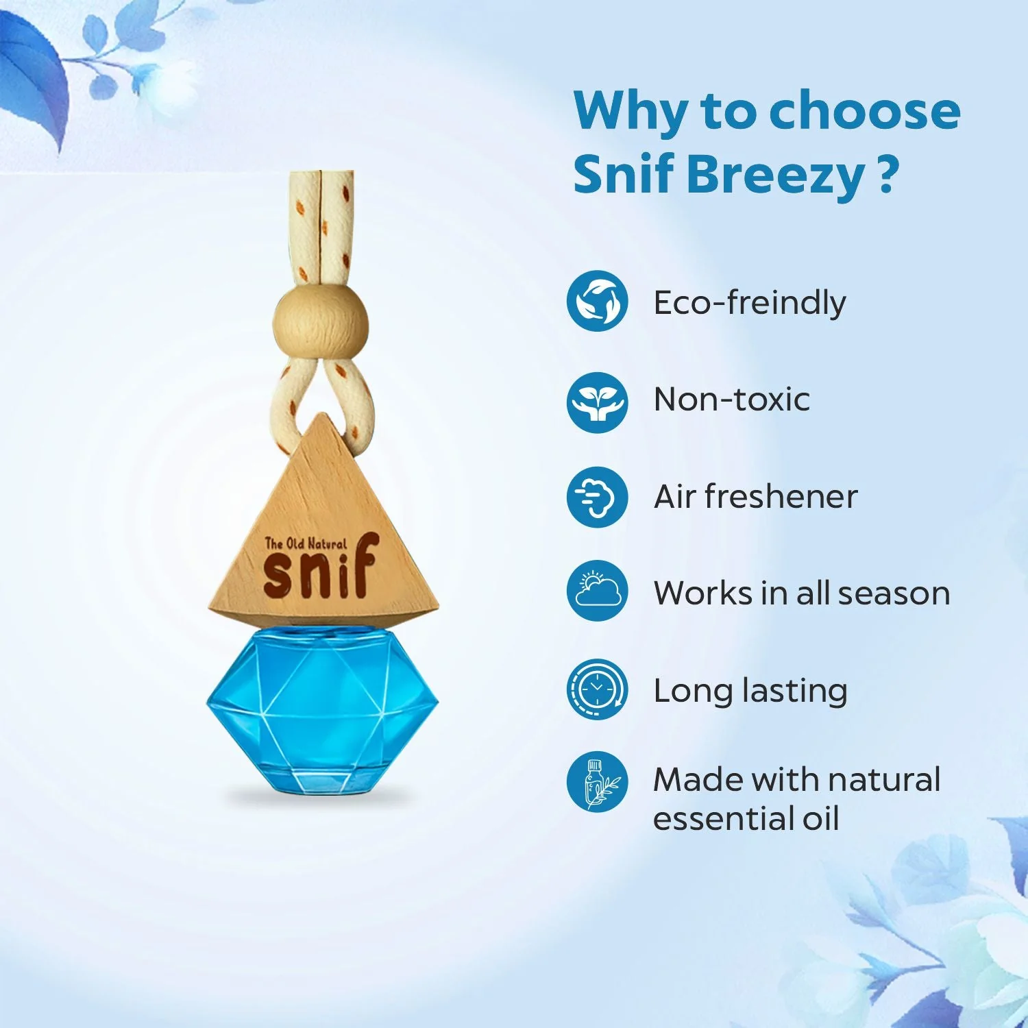 Snif Diamond Hanging Car Air Freshener with Refill Pack (Breezy Blue 10ml + 15ml Refill Pack) - Image 3