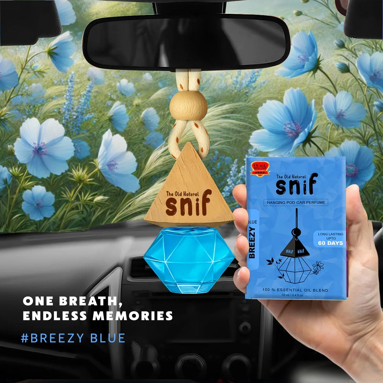 Snif Diamond Hanging Car Air Freshener with Refill Pack (Breezy Blue 10ml + 15ml Refill Pack) - Image 4