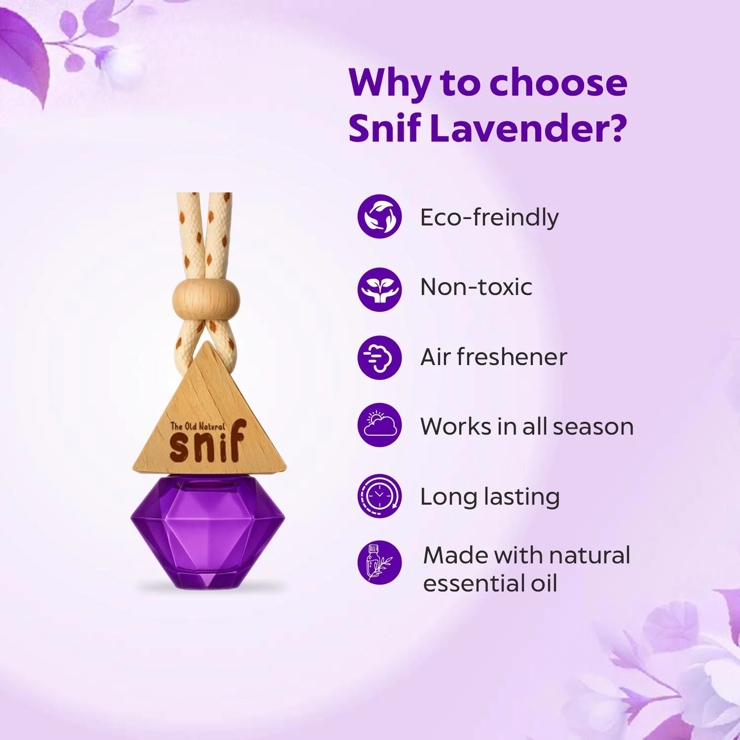 Snif Diamond Hanging Car Air Freshener with Refill Pack (Lavender Love 10ml + 15ml Refill Pack) - Image 8