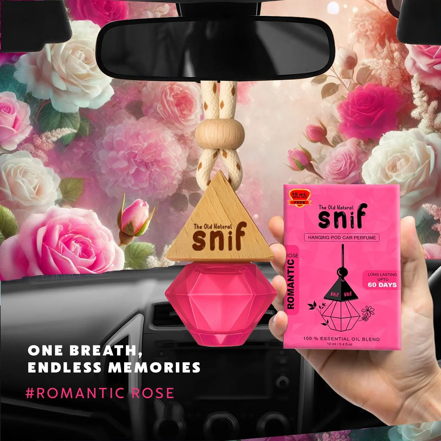 Snif Diamond Hanging Car Air Freshener with Refill Pack (Romantic Rose 10ml + 15ml Refill Pack) - Image 2