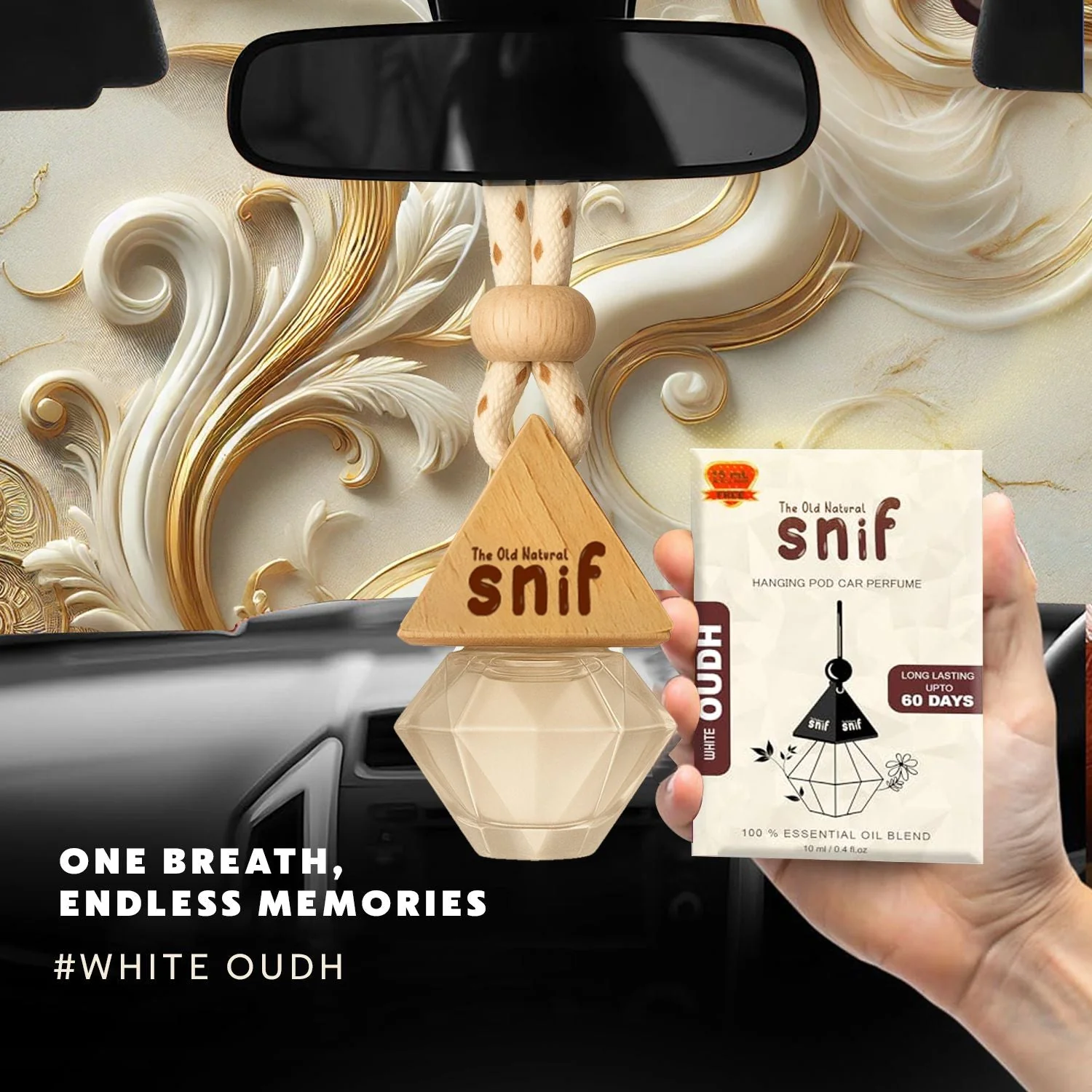 Snif Diamond Hanging Car Air Freshener with Refill Pack (White Oudh 10ml + 15ml Refill Pack) - Image 4