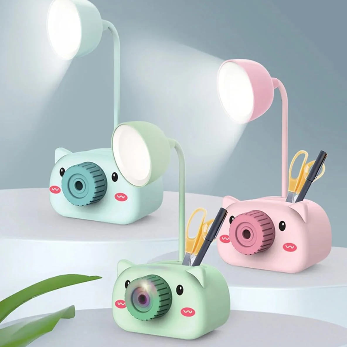Snortie: Rechargeable LED Table Lamp with Cute Pig Design, Eye-Friendly Study Light with Pen Holder, Sharpener & Camera-Style Look for Kids’ Desk - Image 3