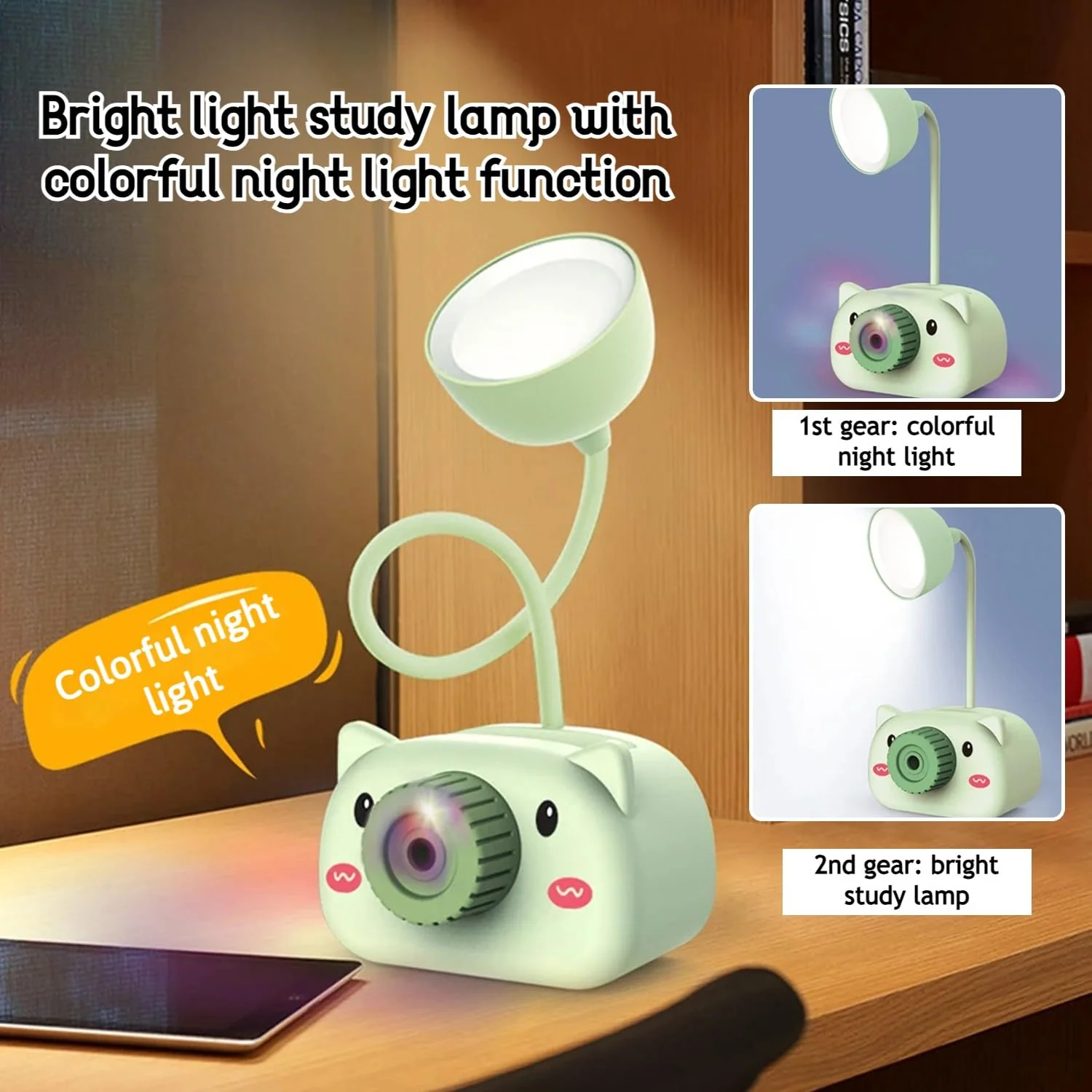 Snortie: Rechargeable LED Table Lamp with Cute Pig Design, Eye-Friendly Study Light with Pen Holder, Sharpener & Camera-Style Look for Kids’ Desk - Image 7