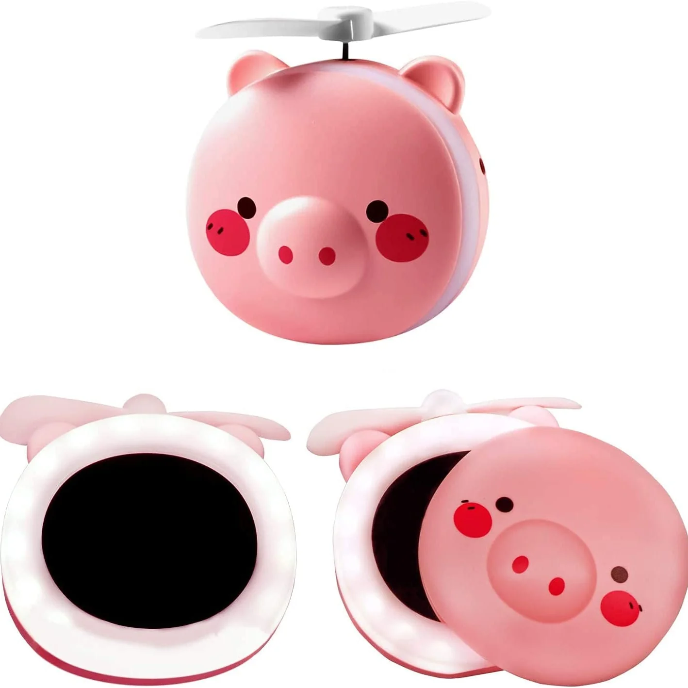 Snouty: 2-in-1 USB Rechargeable Piggy Mini Fan with LED Mirror Light, Cute Handheld Makeup Mirror & Portable Cooling Fan for Daily Use & Travel - Image 6