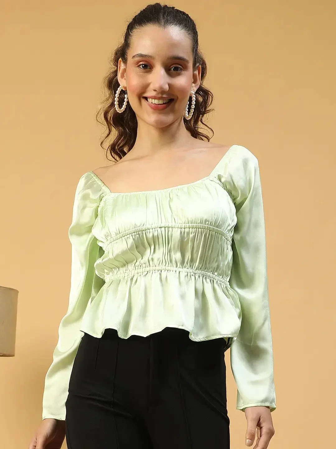 Soild Green Round Neck Long Sleeve Elasticated Sation Top - Image 2