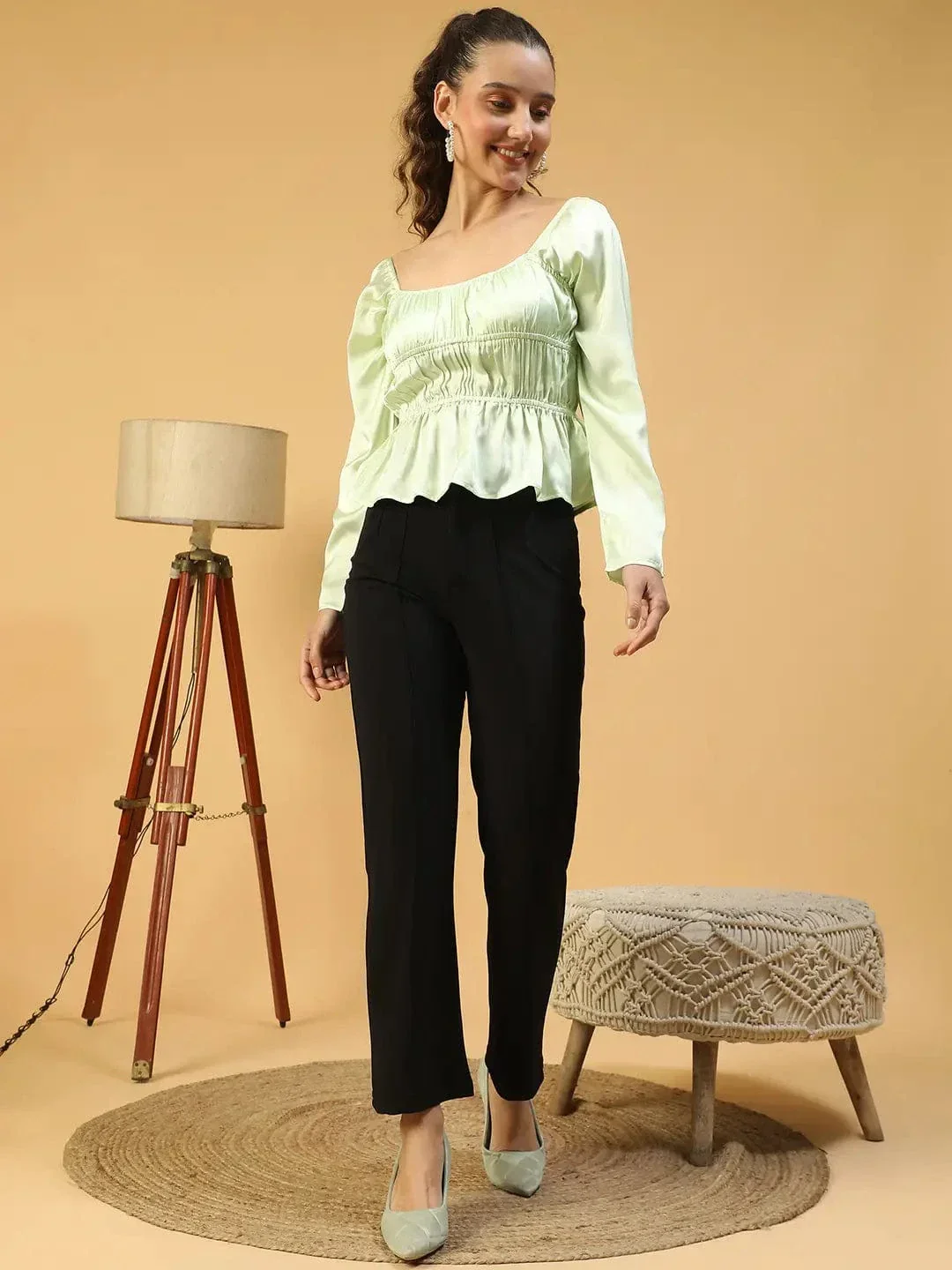 Soild Green Round Neck Long Sleeve Elasticated Sation Top - Image 3
