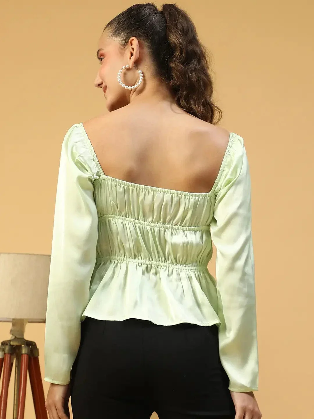 Soild Green Round Neck Long Sleeve Elasticated Sation Top - Image 6