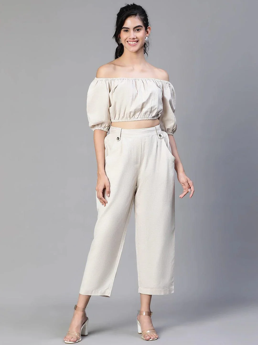 Solid Beige Cold Shoulder Top And Elasticated Pant Co-Ords - Image 2