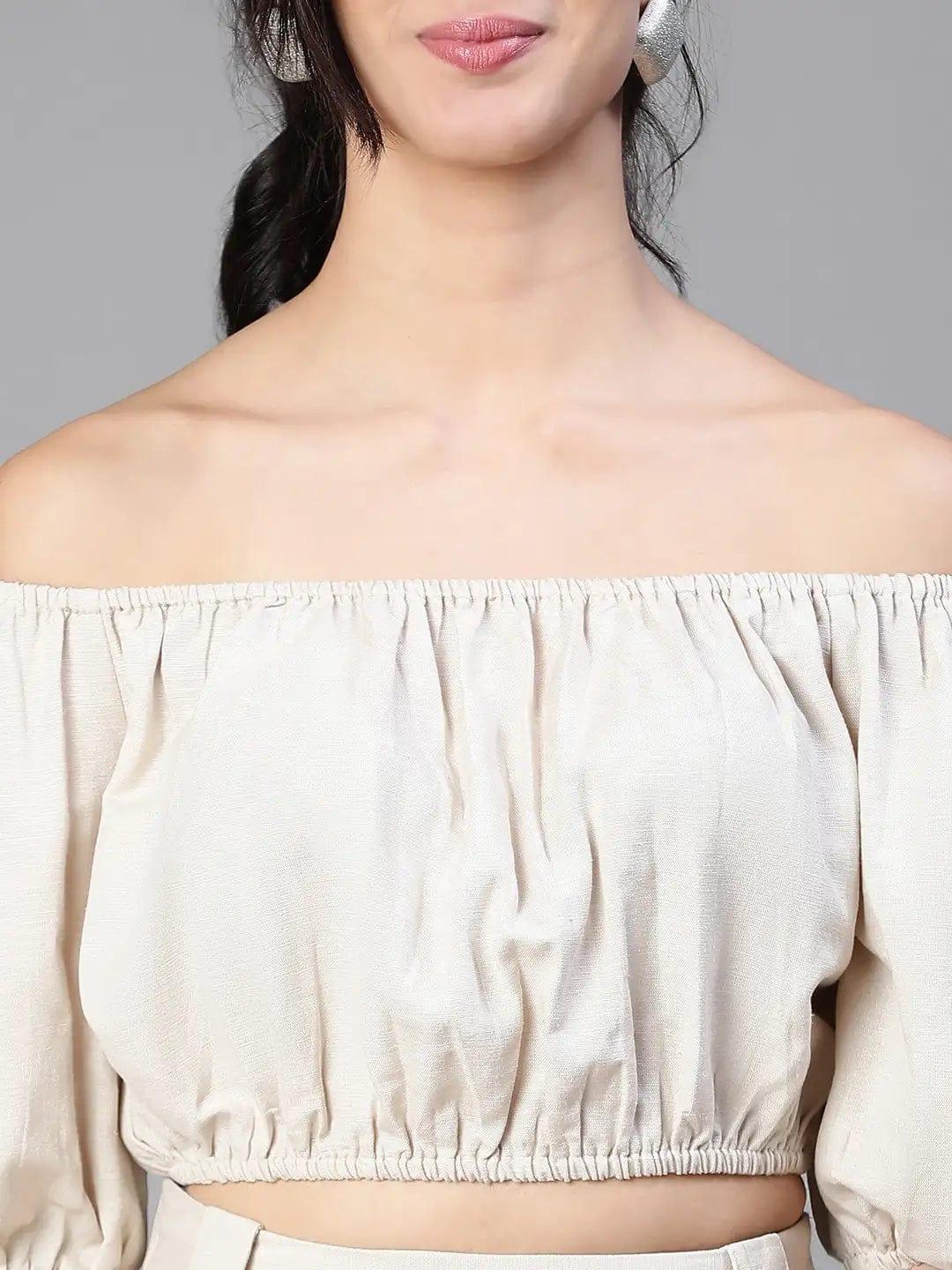 Solid Beige Cold Shoulder Top And Elasticated Pant Co-Ords - Image 6