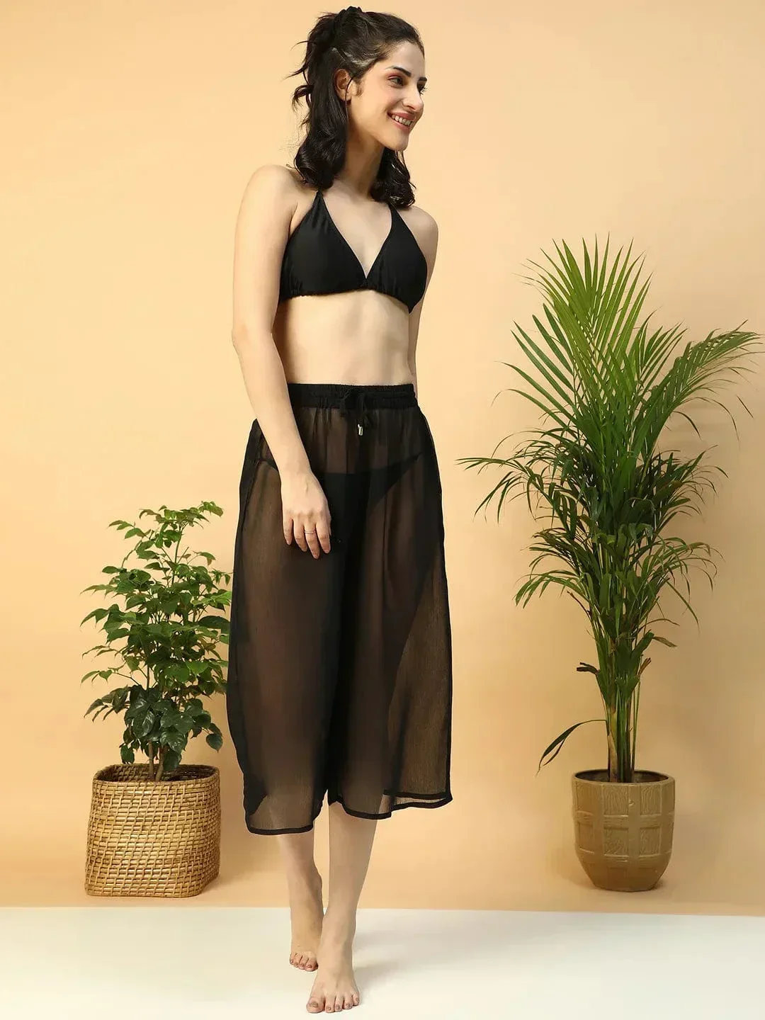 Solid Black Elasticated Waist With Tie-Up Detail women Beachwear Culottes - Image 2