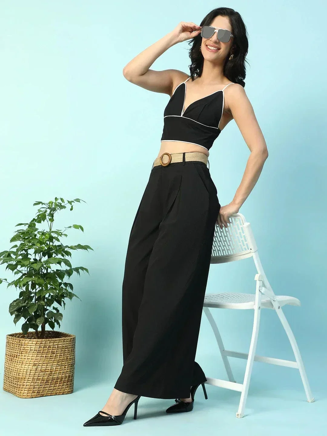 Solid Black Shoulder Strap Sleeveless Women Cotton Crop Top - Image 8