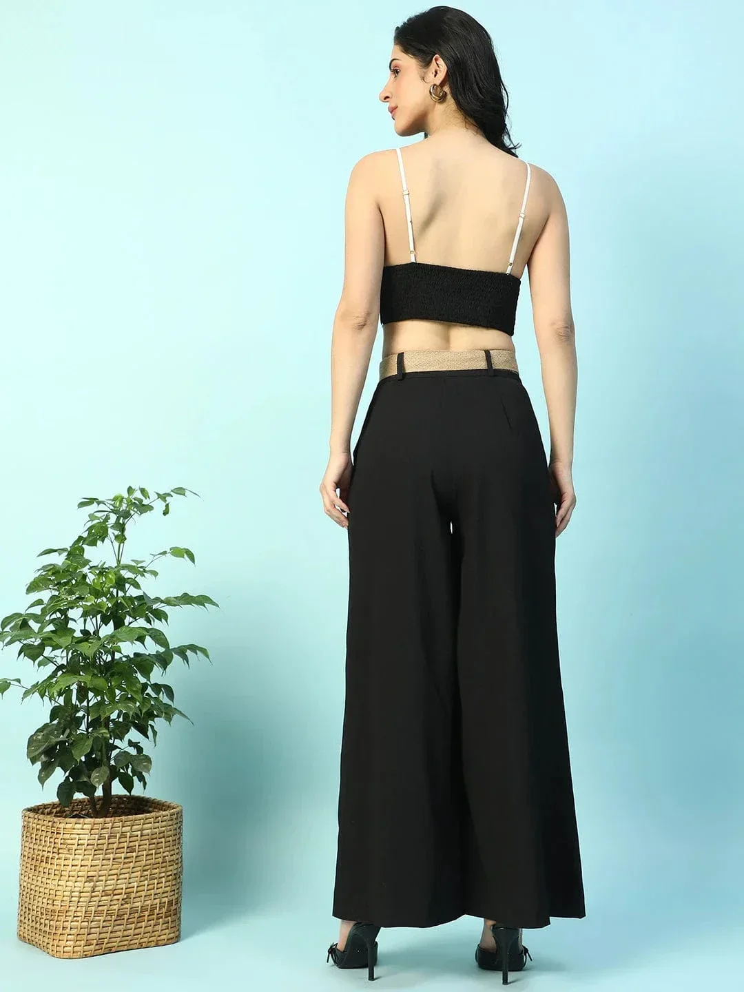 Solid Black V-Neck Crop Top With Pant Women Co-Ord Set - Image 4