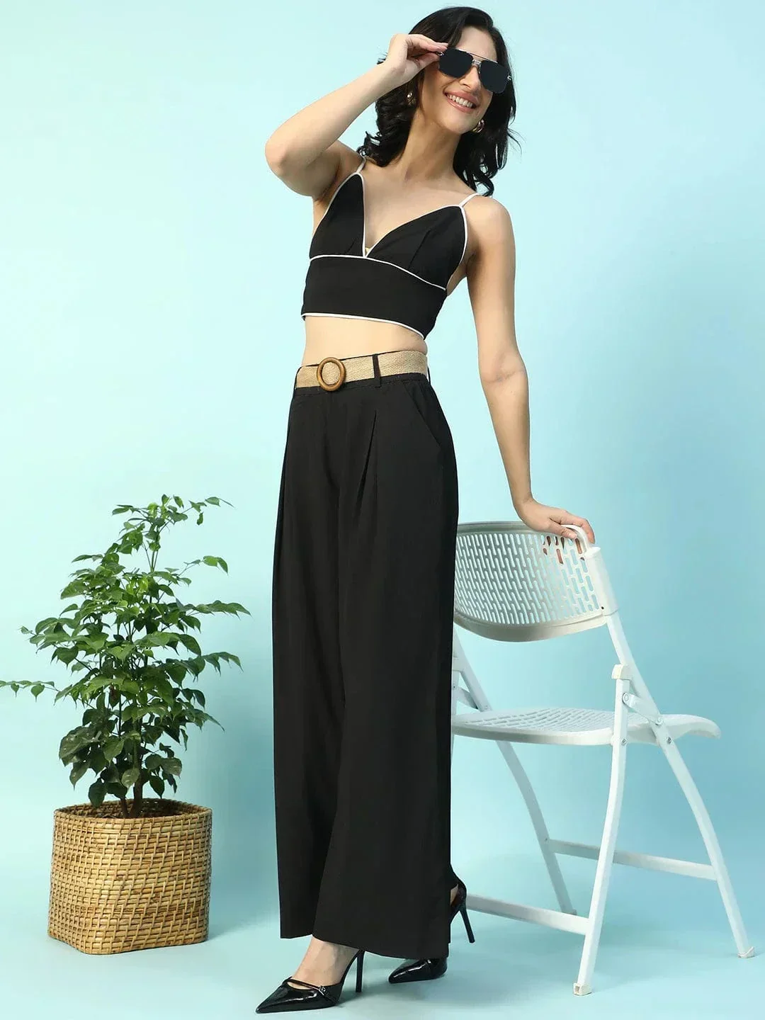 Solid Black V-Neck Crop Top With Pant Women Co-Ord Set - Image 6