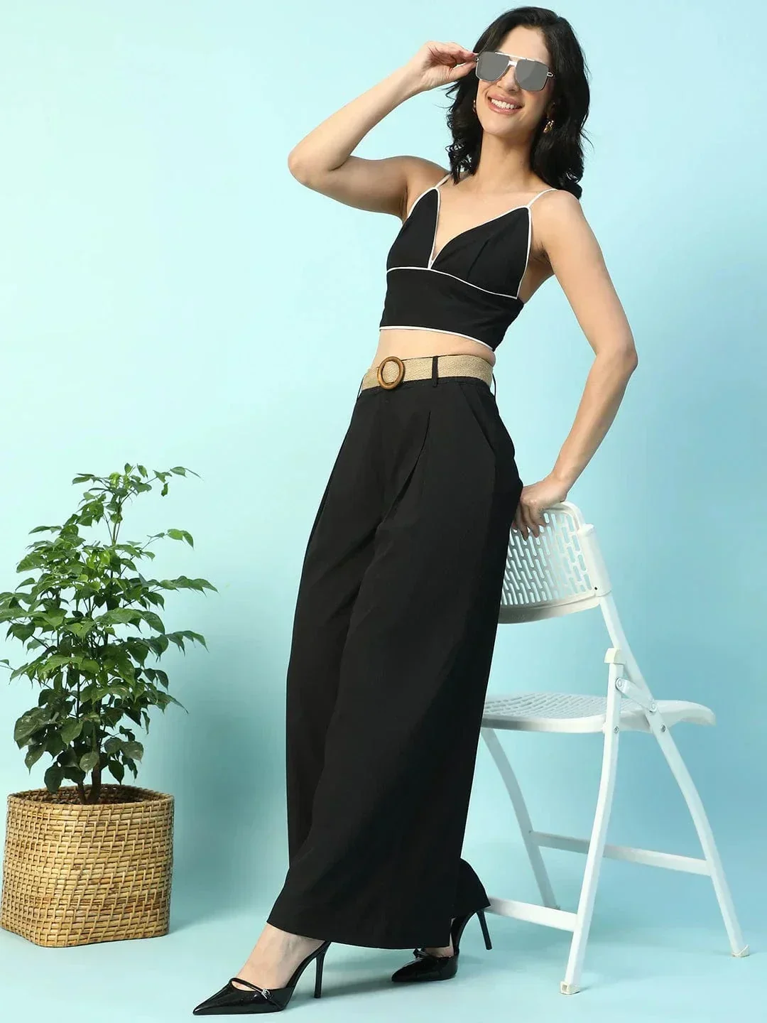 Solid Black V-Neck Crop Top With Pant Women Co-Ord Set - Image 7