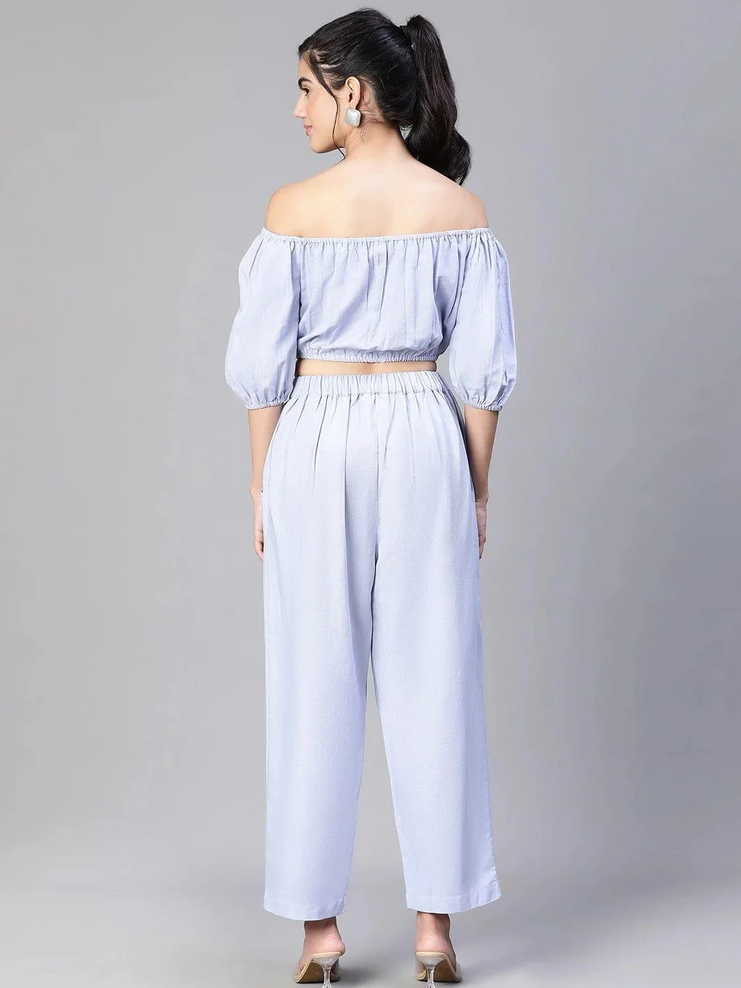 Solid Blue Cold Shoulder Top and Elasticated Pant Set - Image 2