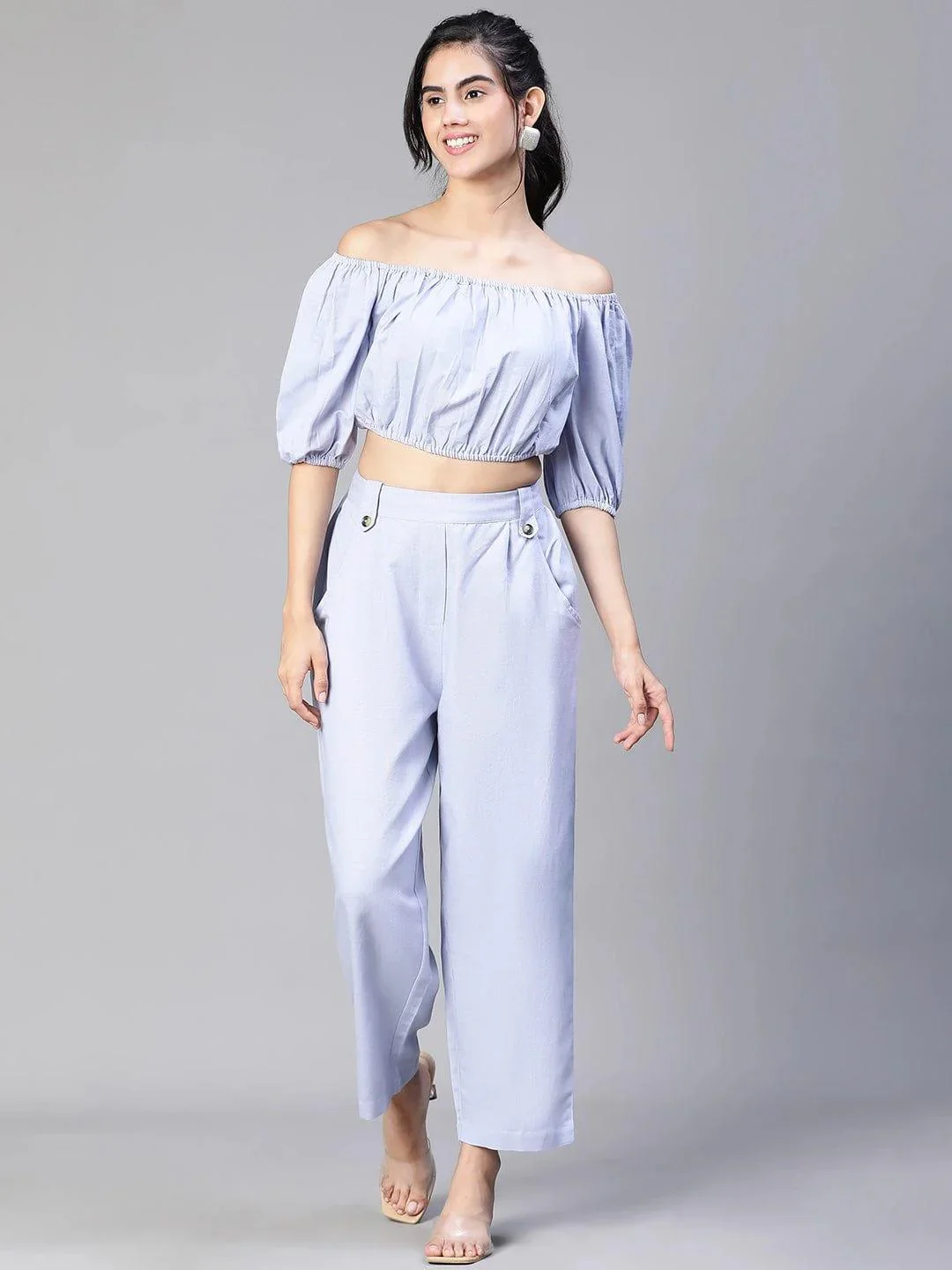Solid Blue Cold Shoulder Top and Elasticated Pant Set - Image 3