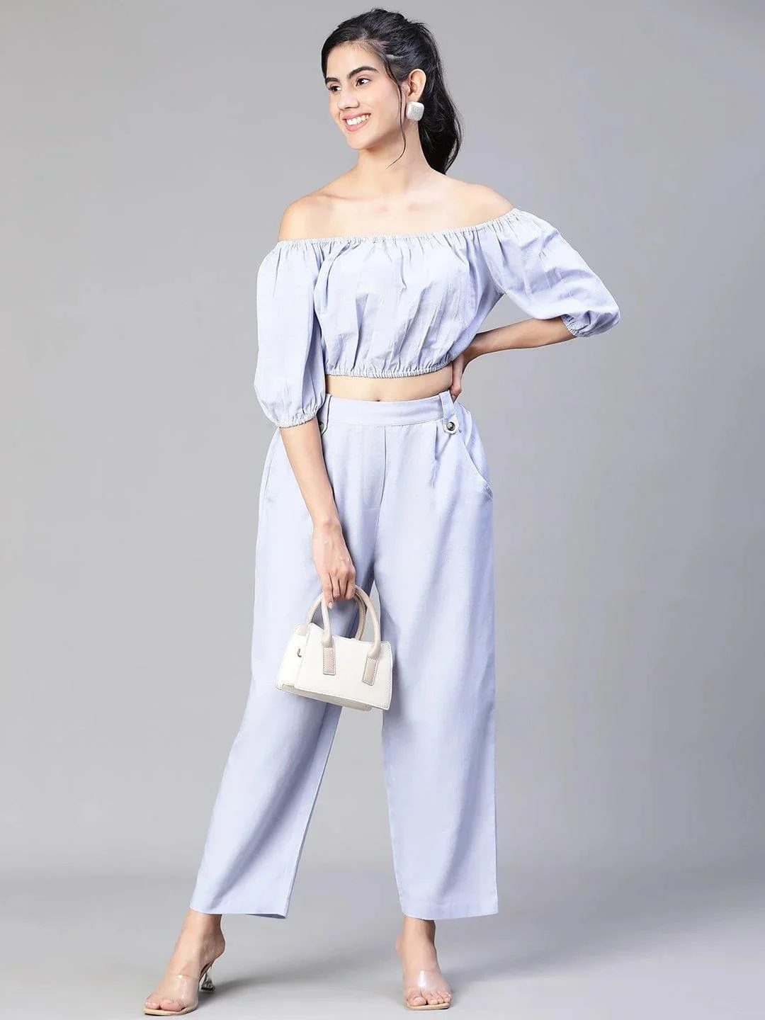 Solid Blue Cold Shoulder Top and Elasticated Pant Set - Image 4