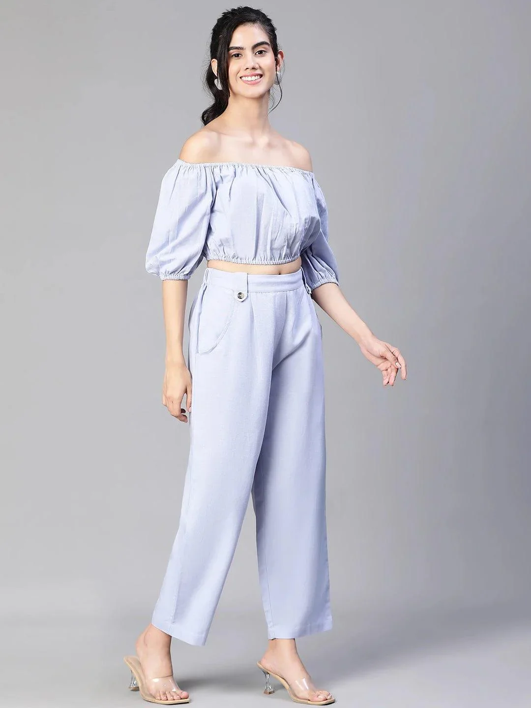 Solid Blue Cold Shoulder Top and Elasticated Pant Set - Image 5