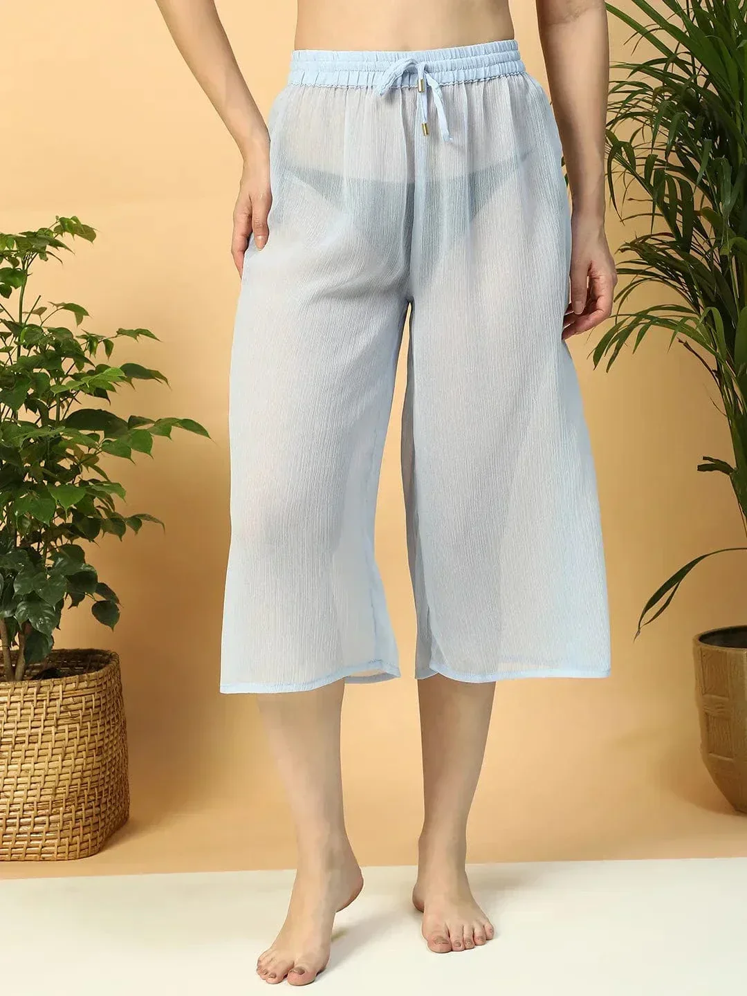 Solid Blue Elasticated Waist With Tie-Up Detail women Beachwear Culottes