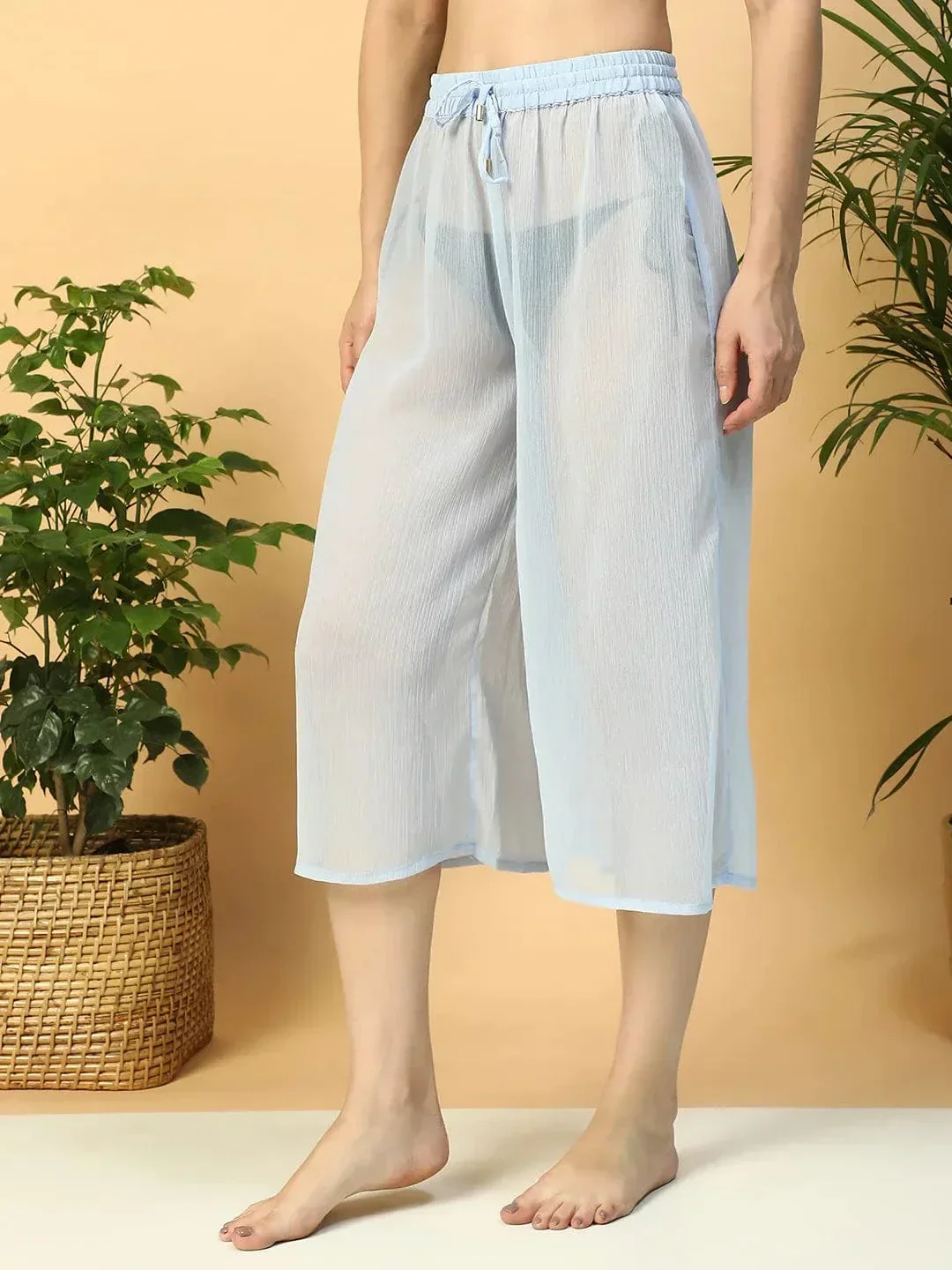 Solid Blue Elasticated Waist With Tie-Up Detail women Beachwear Culottes - Image 3