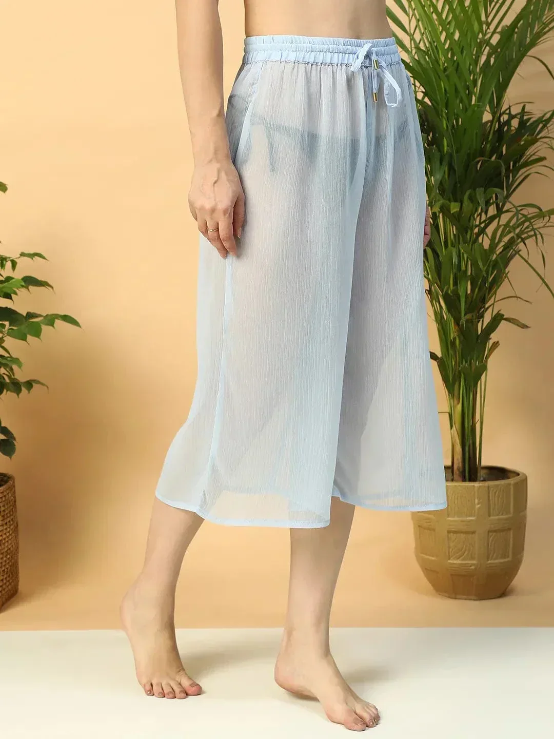 Solid Blue Elasticated Waist With Tie-Up Detail women Beachwear Culottes - Image 4