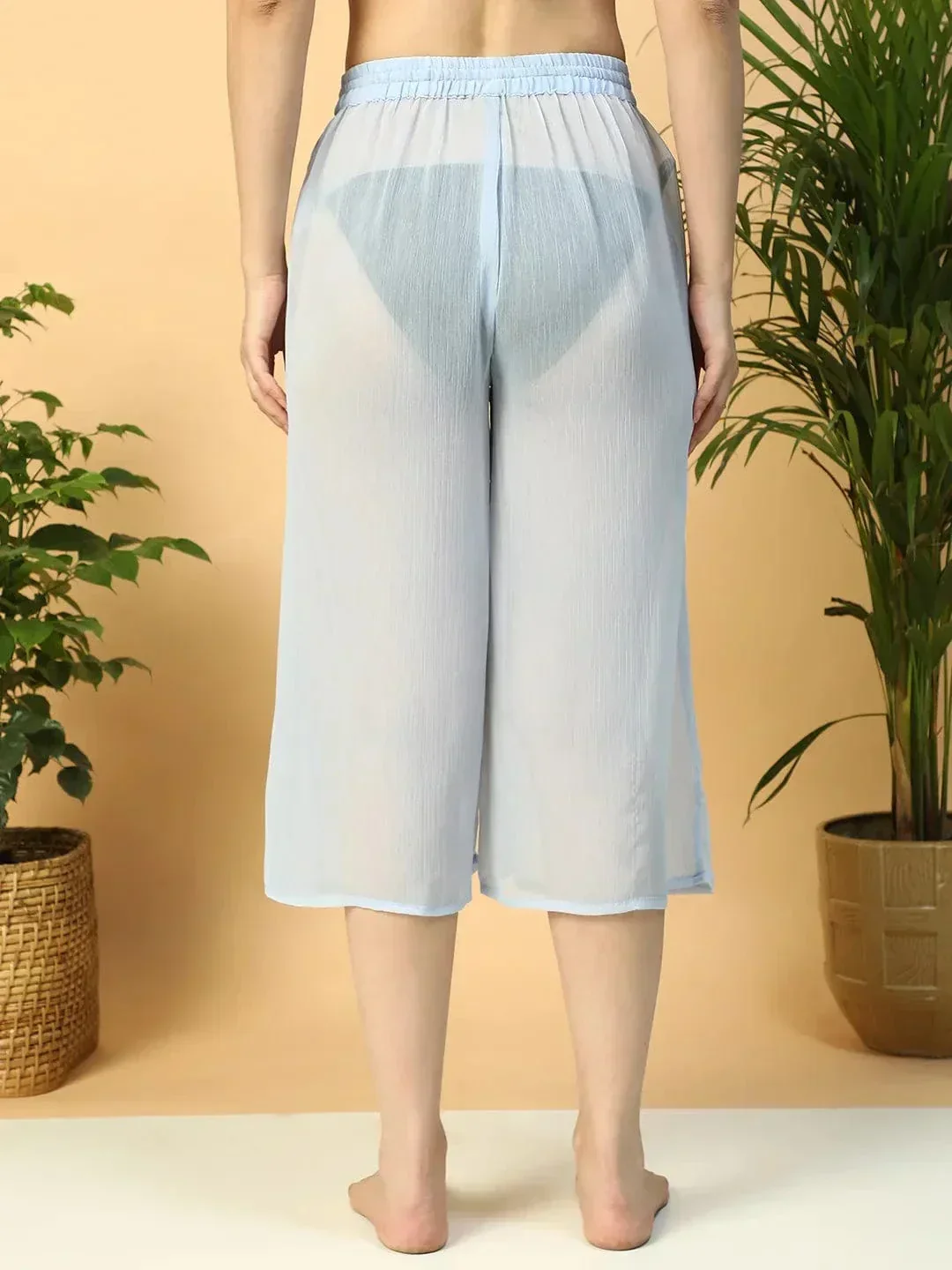 Solid Blue Elasticated Waist With Tie-Up Detail women Beachwear Culottes - Image 5