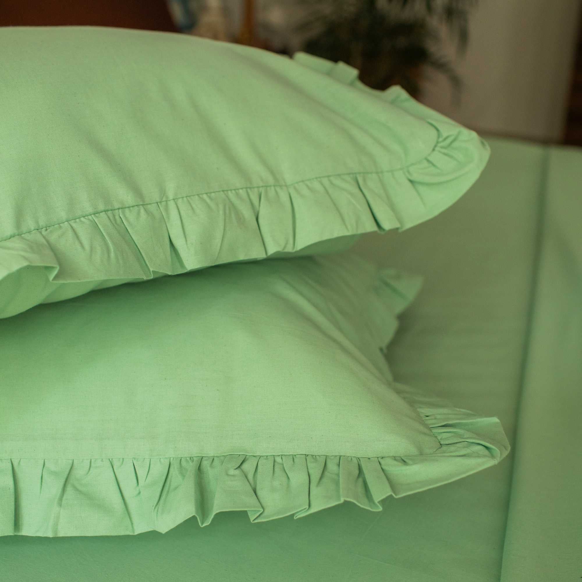 Solid Colour 100% Cotton, 270 Tc Queen Bedsheet With 2 Frill Pillow Covers - Image 33