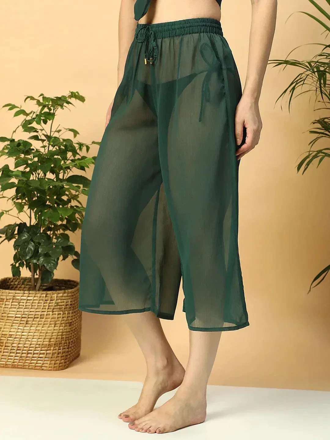 Solid Green Elasticated Waist With Tie-Up Detail women Beachwear Culottes - Image 3