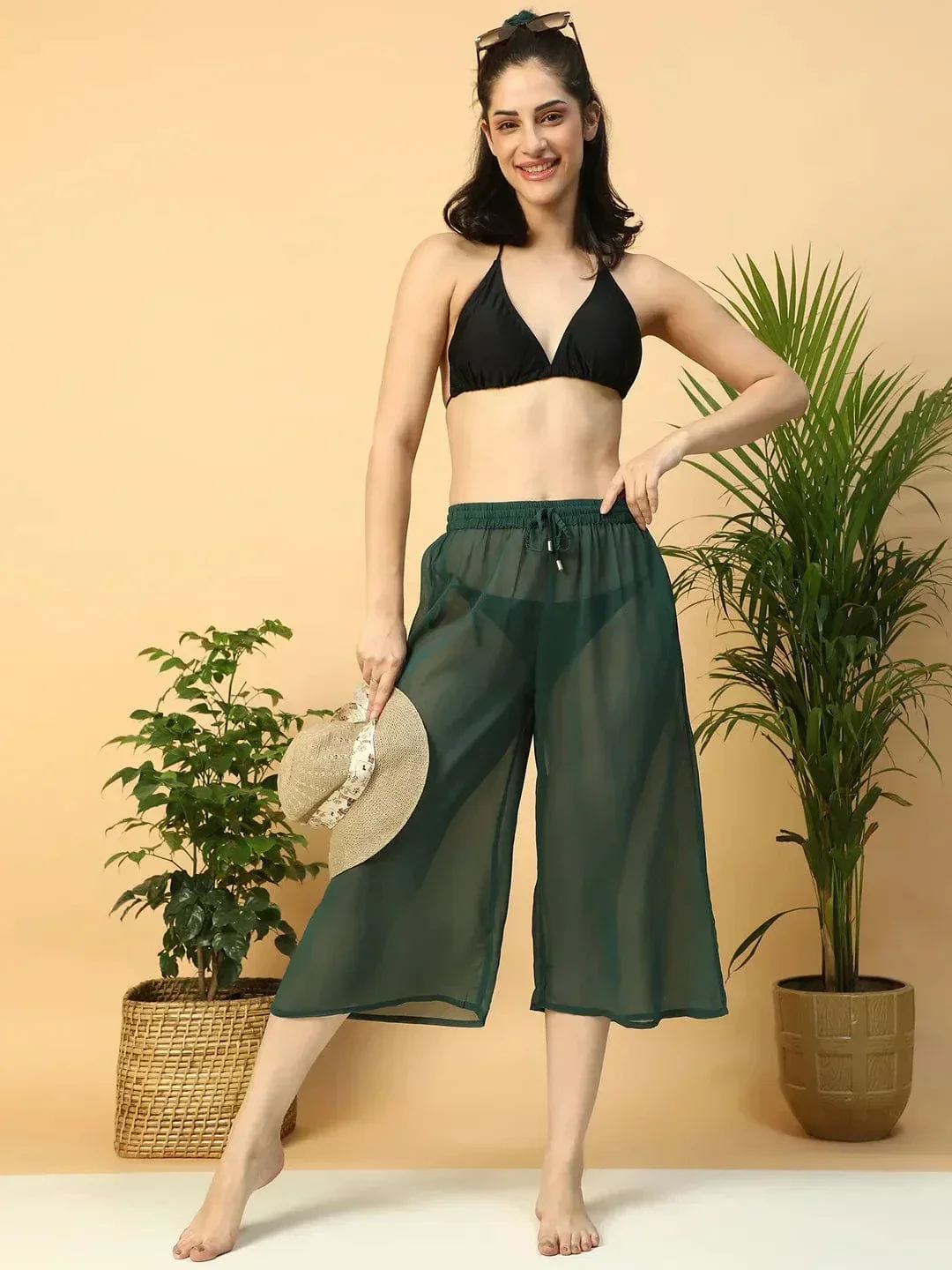 Solid Green Elasticated Waist With Tie-Up Detail women Beachwear Culottes - Image 7