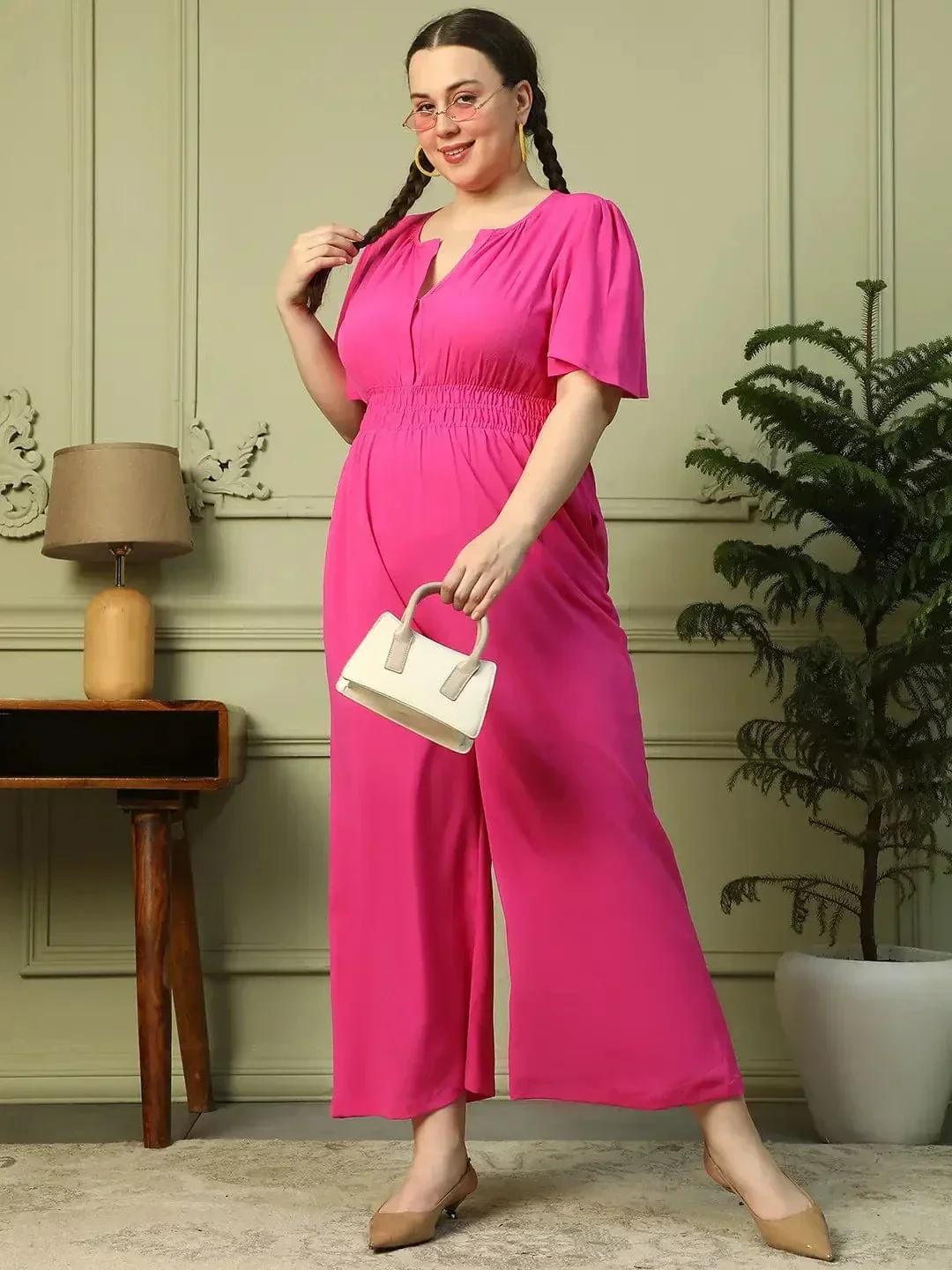 Solid Pink V-Neck Short Sleeve Elasticated Plus Size Women  Jumpsuit - Image 8