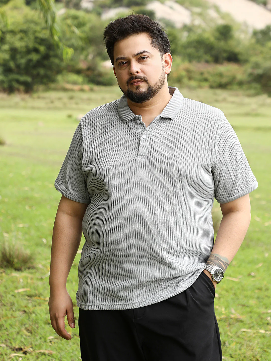 Solid Ribbed Polo T-Shirt - Image 2