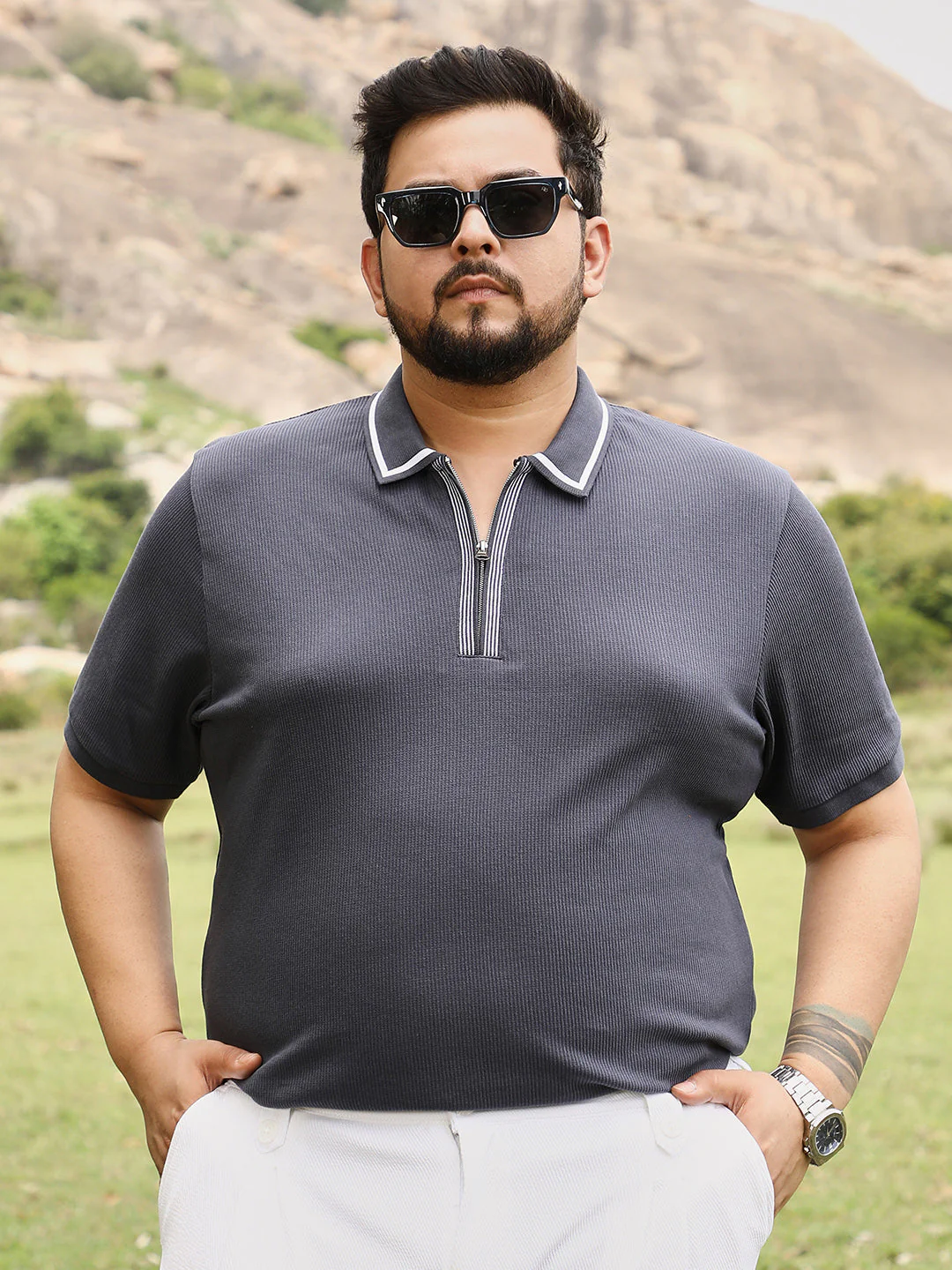 Solid Waffle Half-Zip Polo T-Shirt - Image 22