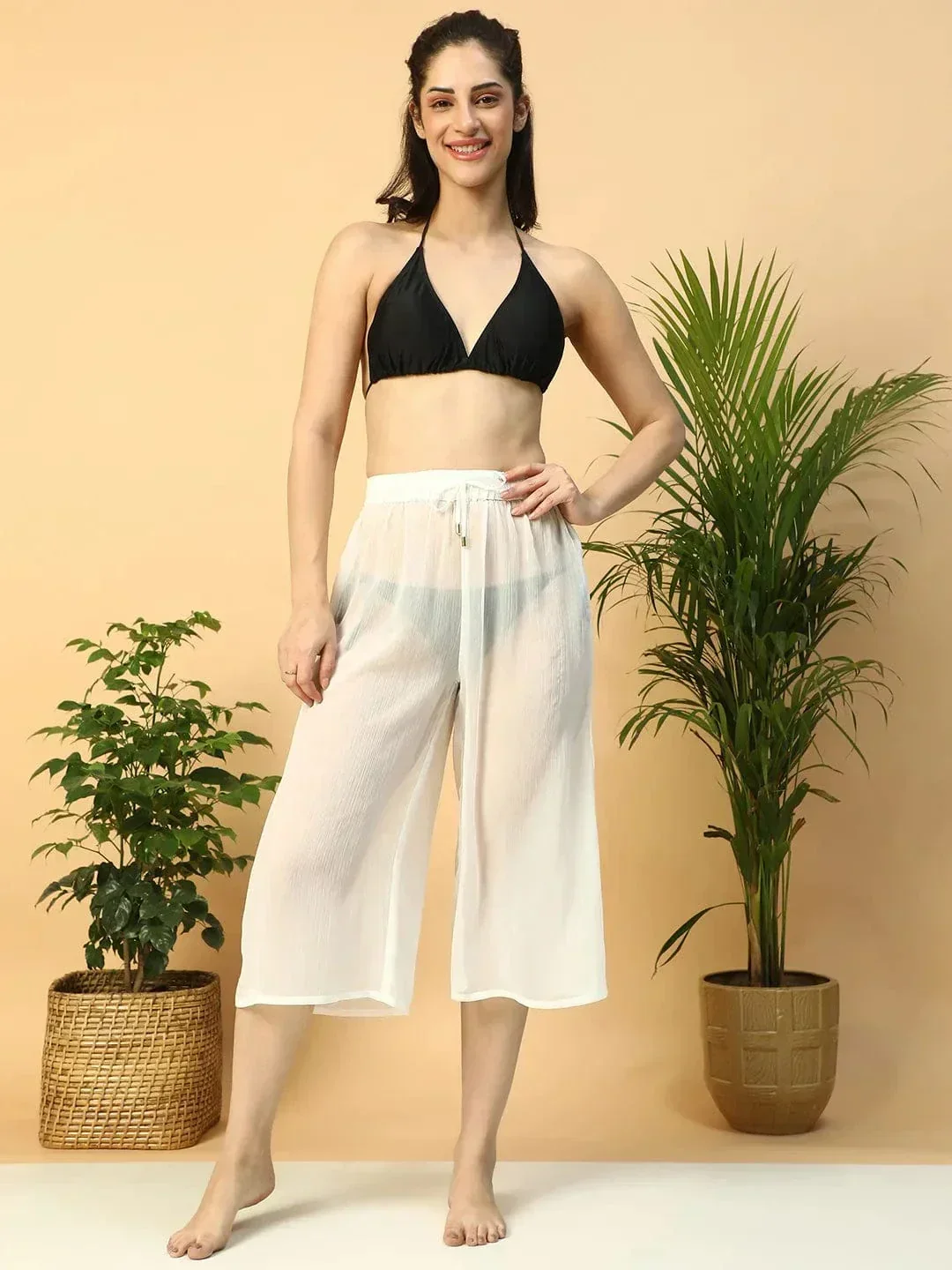 Solid White Elasticated Waist With Tie-Up Detail women Beachwear Culottes - Image 2