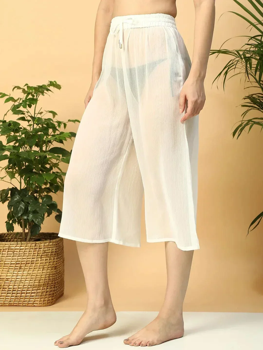 Solid White Elasticated Waist With Tie-Up Detail women Beachwear Culottes - Image 3