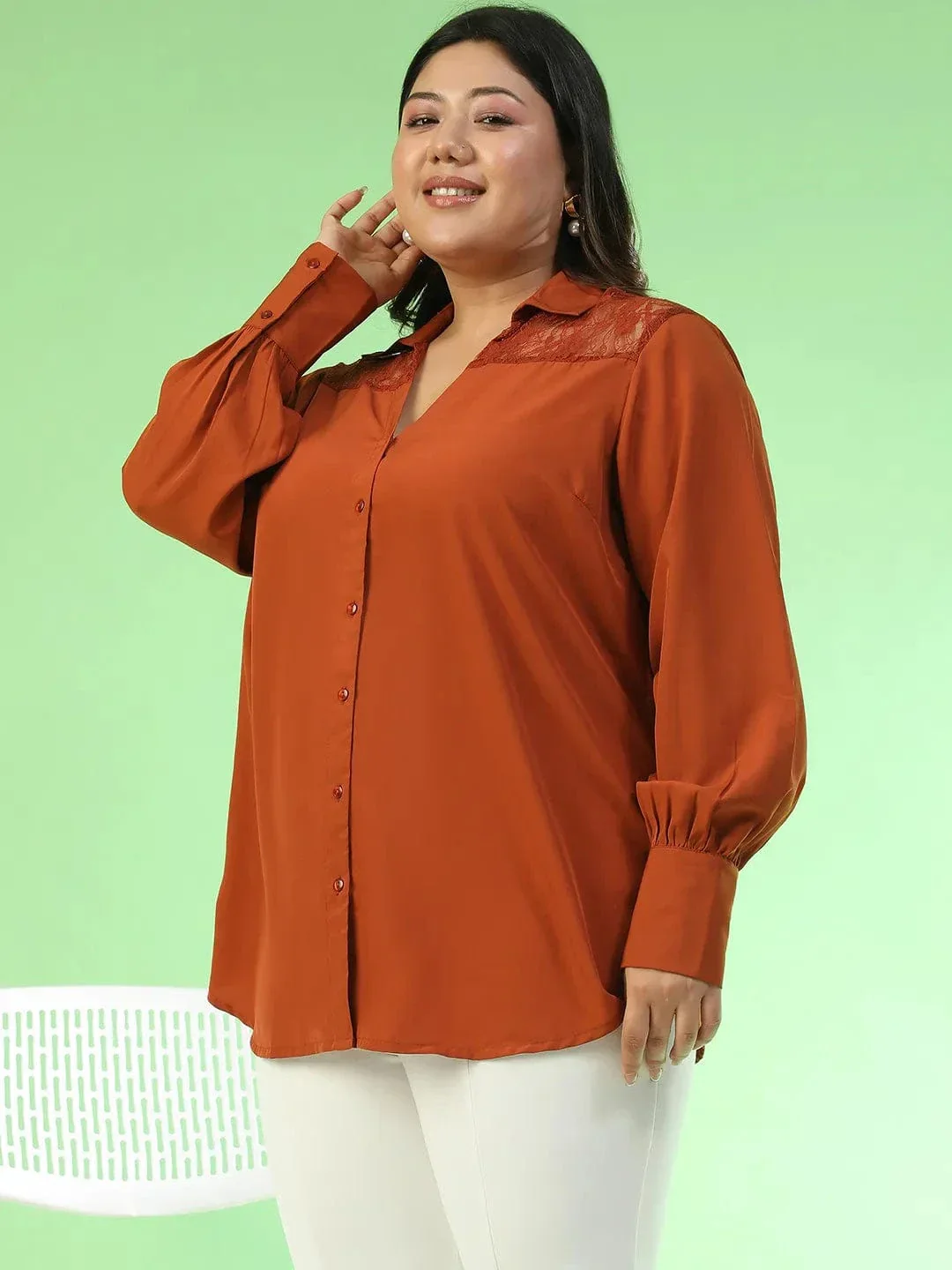 Spark Rust Collared Long Sleeve Lace Detail Button Down Plus Size Women Shirt - Image 3