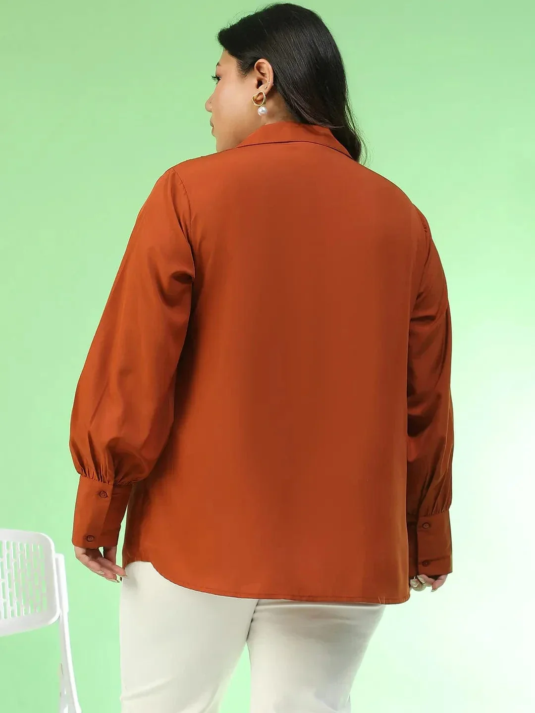 Spark Rust Collared Long Sleeve Lace Detail Button Down Plus Size Women Shirt - Image 5