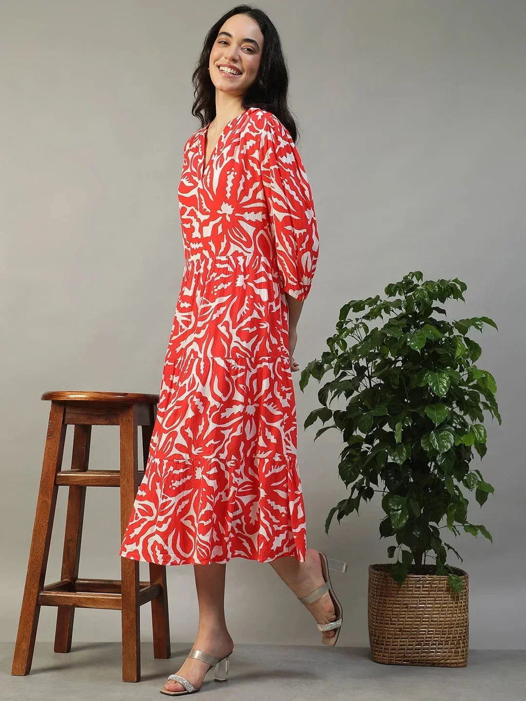 Special Red Floral Print 3/4 Length Sleeves Women Dress - Image 3