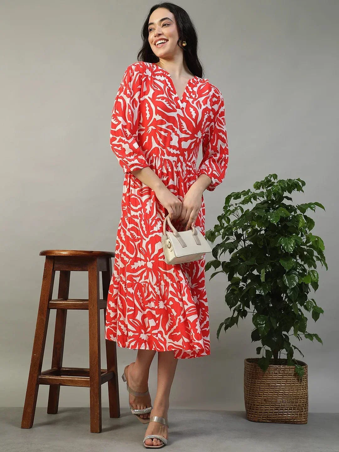 Special Red Floral Print 3/4 Length Sleeves Women Dress - Image 7