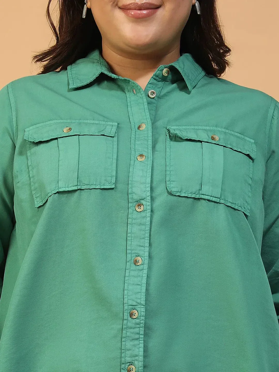 Spellbound Green Collared Long Sleeve Button Down Plus Size Women Cotton Shirt - Image 6