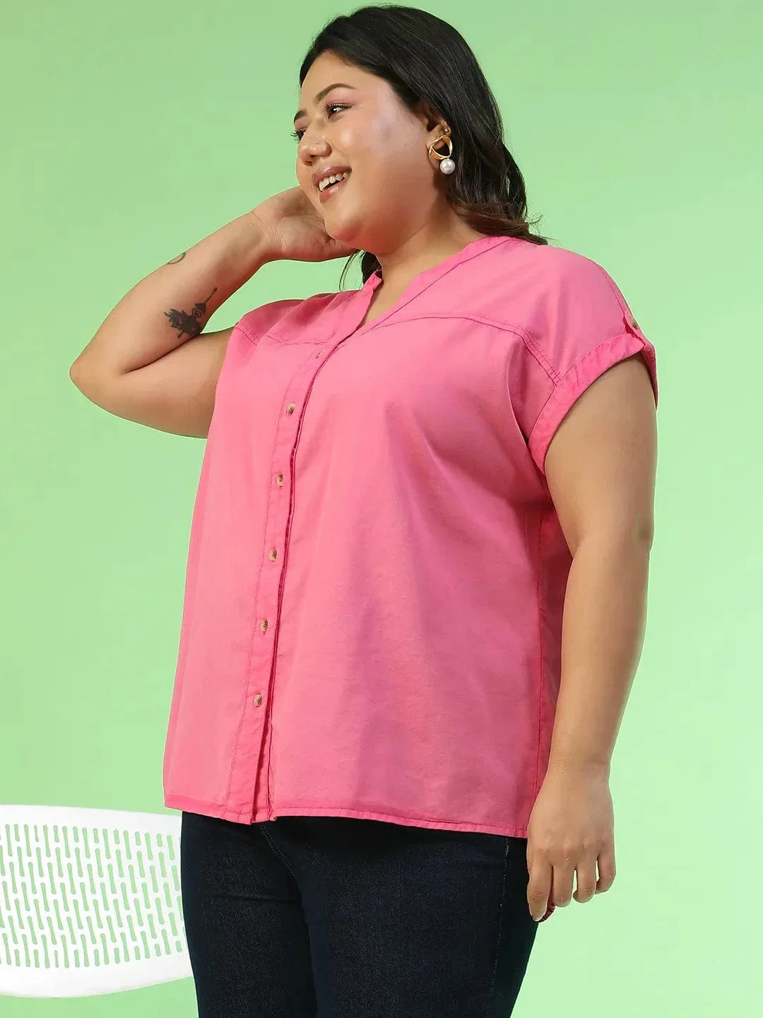 Spellbound Pink Short Sleeve Button Down Plus Size Women Cotton Top - Image 3