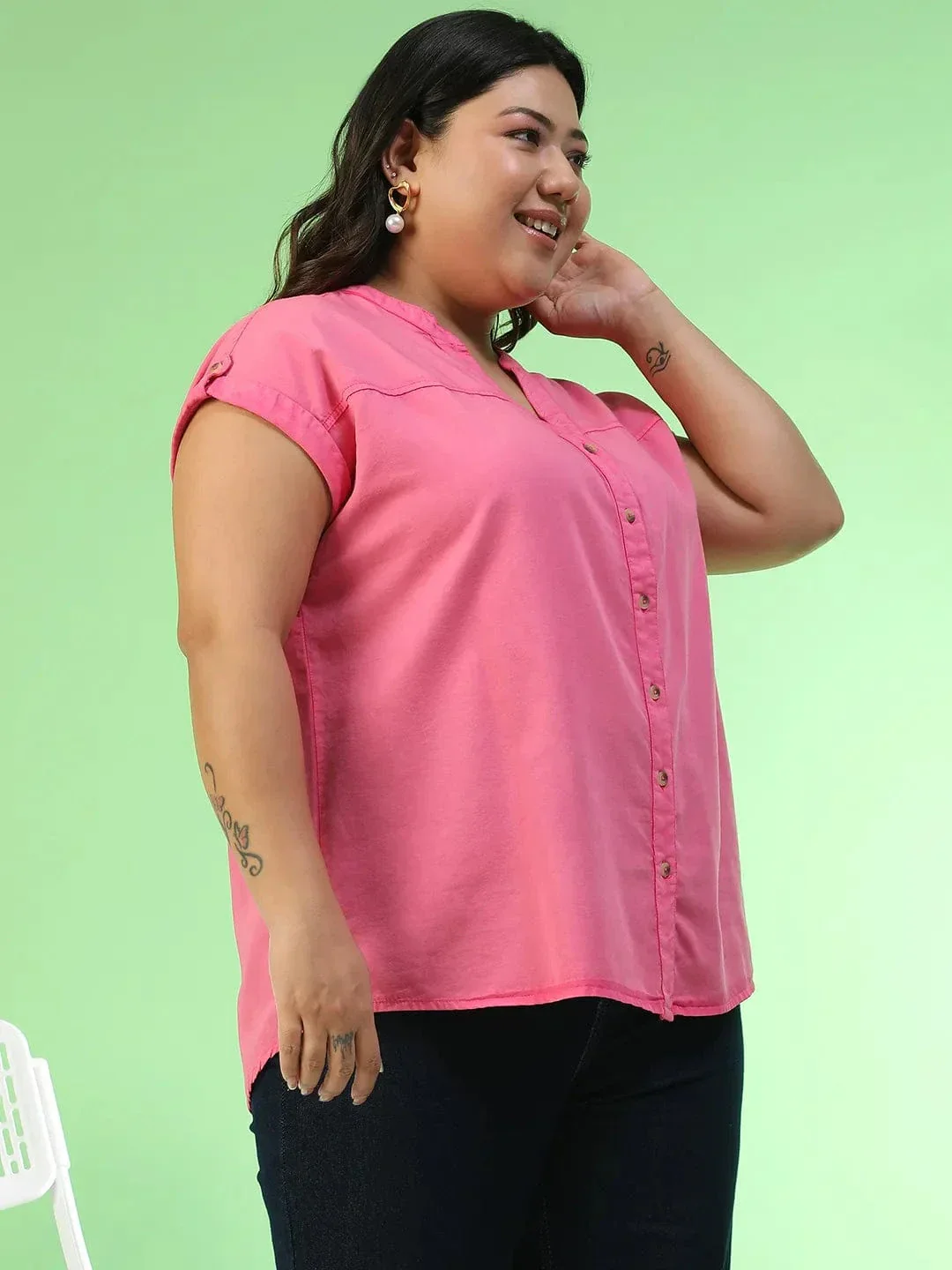 Spellbound Pink Short Sleeve Button Down Plus Size Women Cotton Top - Image 4