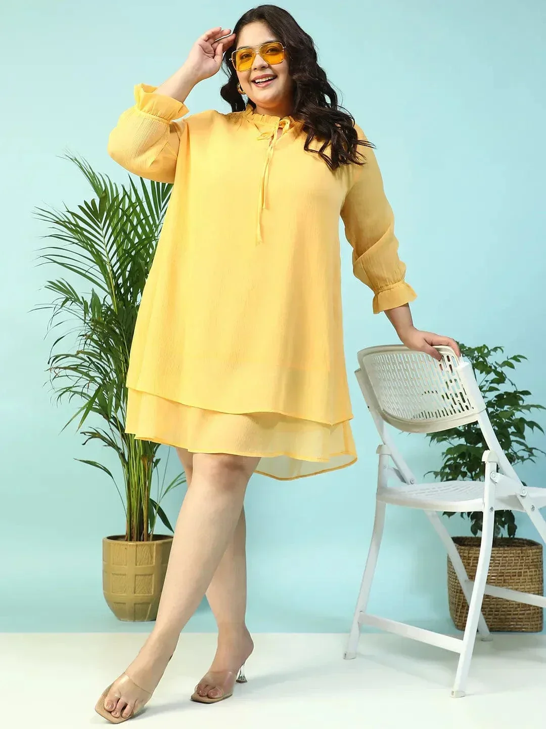 Spring Yellow Smocking Detail Long Sleeve Knee Length Plus Size Dress