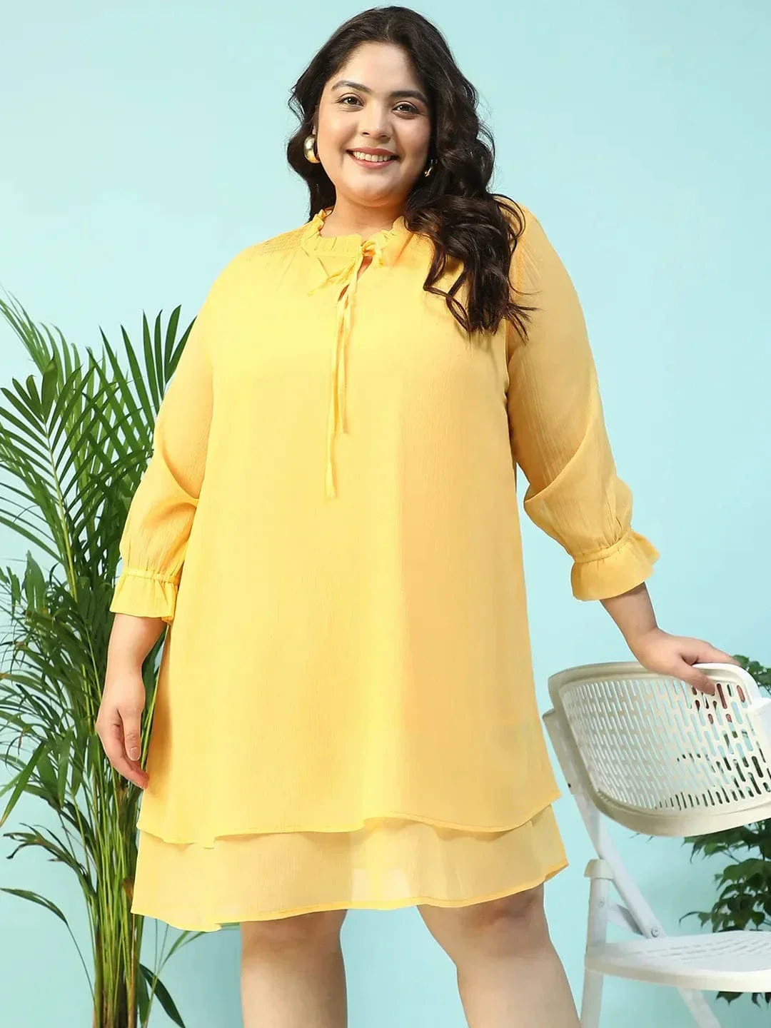 Spring Yellow Smocking Detail Long Sleeve Knee Length Plus Size Dress - Image 2