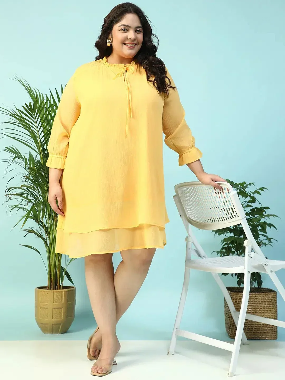 Spring Yellow Smocking Detail Long Sleeve Knee Length Plus Size Dress - Image 3